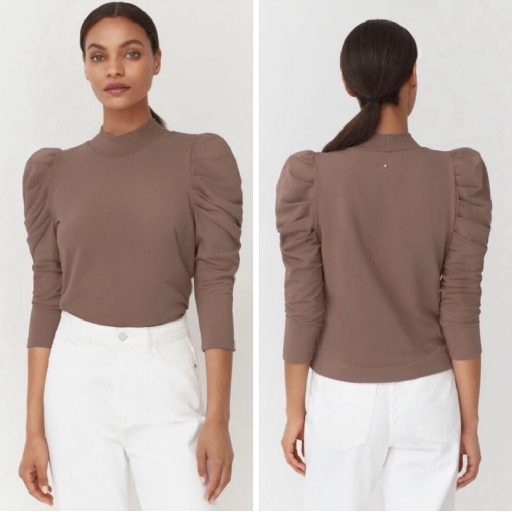 Cuyana French Terry Puff Sleeve Sweatshirt Top Mushroom Tan Pima Cotton